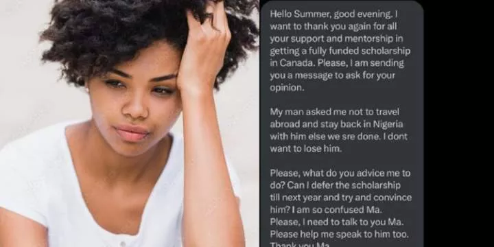 Young lady confused as boyfriend asks her to forgo scholarship in Canada for him