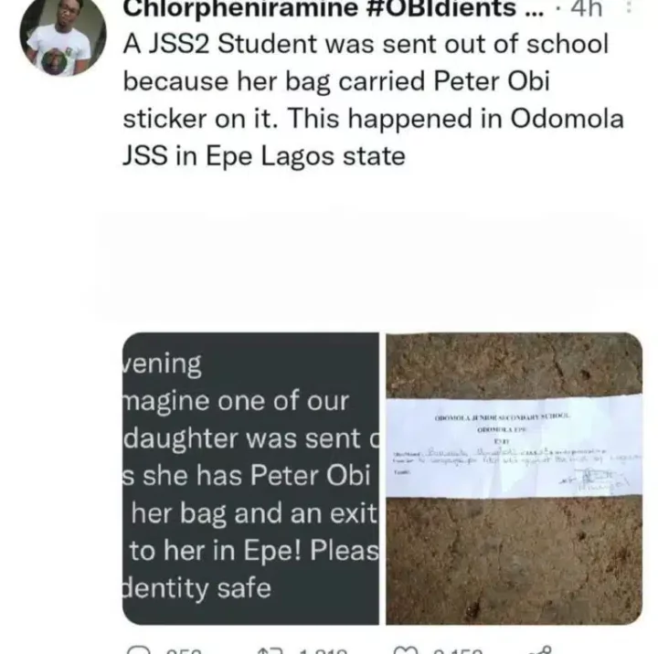 JSS 2 student sent home by Epe school as her bag carried Peter Obi sticker