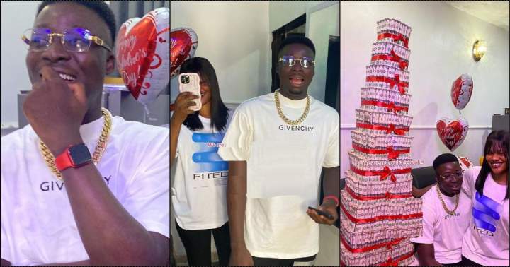 Lady gifts boyfriend $650 money cake, 50 liters fuel, and others for Valentine