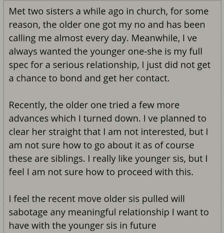 'I don't like her, I like her younger sister' - Nigerian man shares his dilemma over two sisters he met in church