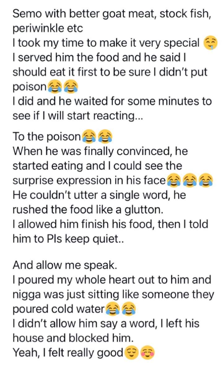Lady narrates how she lost a relationship after she jokingly told her man that she can't cook