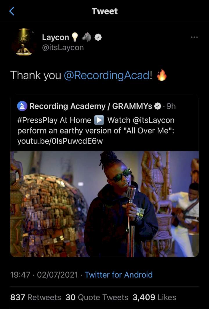 Nigerians celebrate as Laycon performs for Grammy