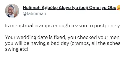 Is menstrual cramps enough reason to postpone your wedding?- Twitter user asks