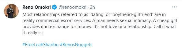 'Boyfriend-girlfriend of today is not about love but for transaction' - Reno Omokri