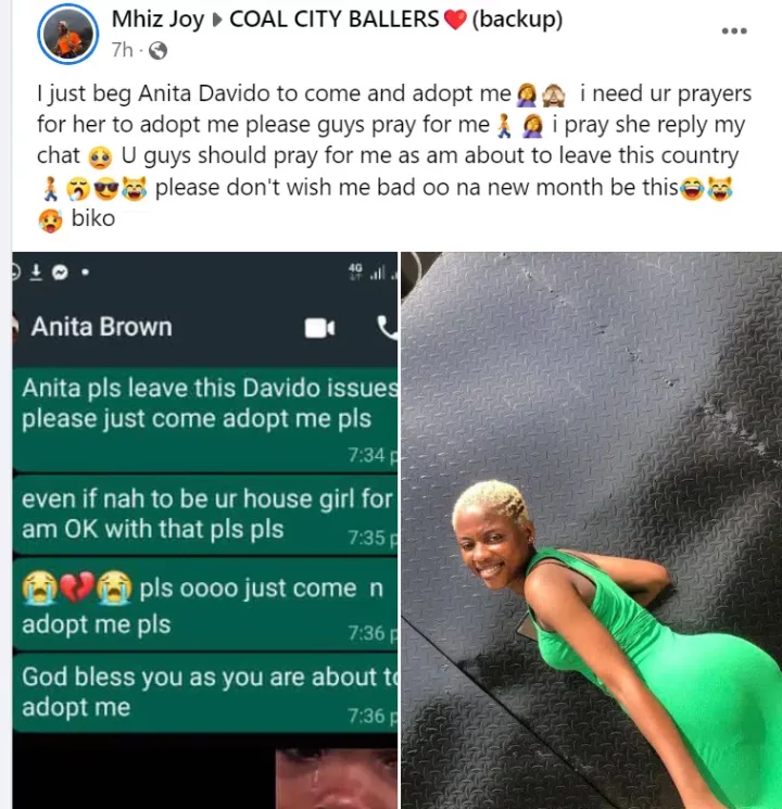 'Come and adopt me pls' - Nigerian lady begs Anita, Davido's alleged pregnant side chick