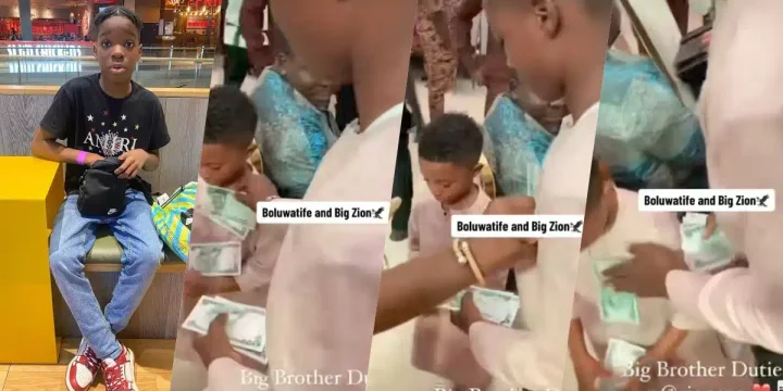 "Big bro duties" - Adorable moment Wizkid's first son, Boluwatife sprays money on his junior brother, Zion