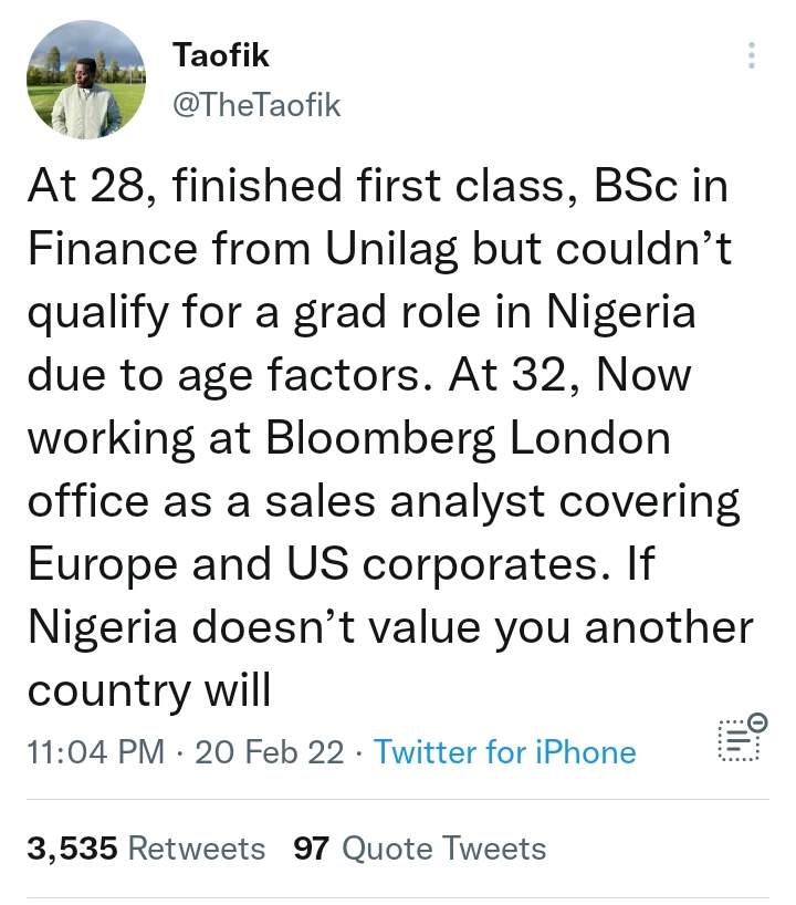 First-class Unilag graduate narrates how his age worked against him in Nigeria as he gets a top job in UK