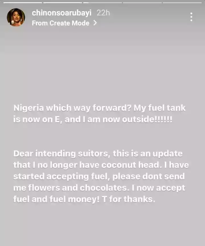 'I now accept fuel and fuel money' - Chinonso Arubayi notifies potential suitors