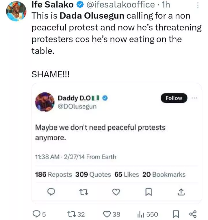 Throwback posts by Tinubu?s aide, Dada Olusegun calling for protests emerges after his recent warning that protests will not be allowed