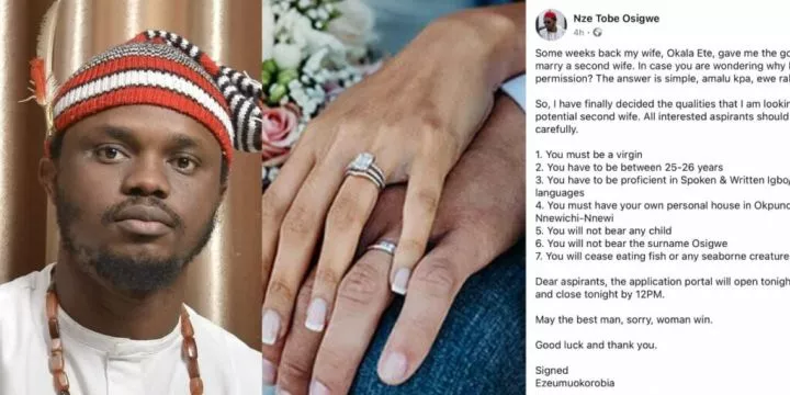 Man shares wife's 7 conditions before marrying a second wife