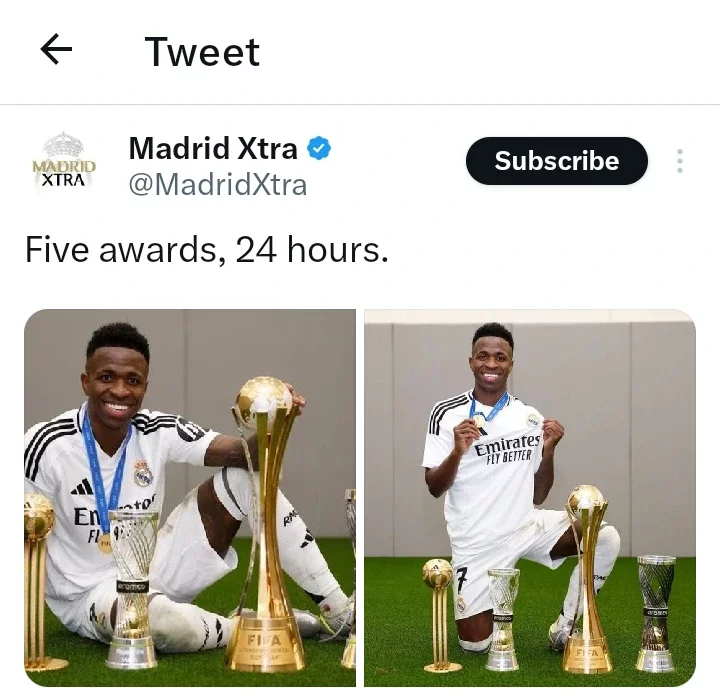 Fans react after seeing photo of Vinicius Jnr posing with his 4 recent awards at the Lusail Stadium.