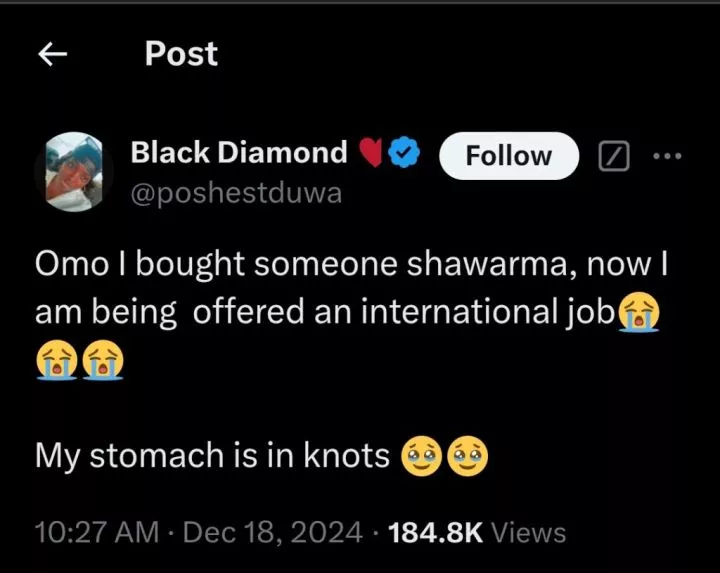 Lady allegedly secures international job after buying shawarma for someone