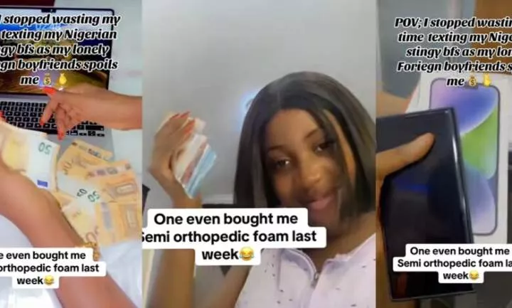 Nigerian lady flaunts foreign currencies, iPhone 15 Pro Max as oyibo lover spoils her, regrets dating stingy men (Video)