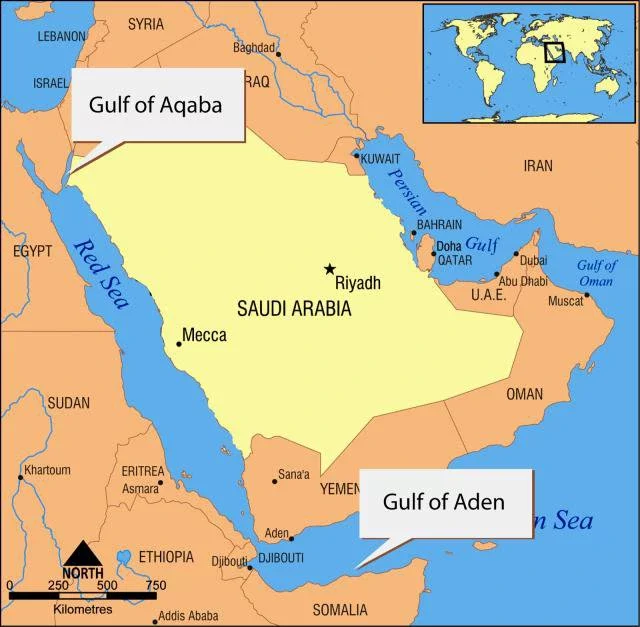 Colored map showing the location of the Red Sea and surrounding countries