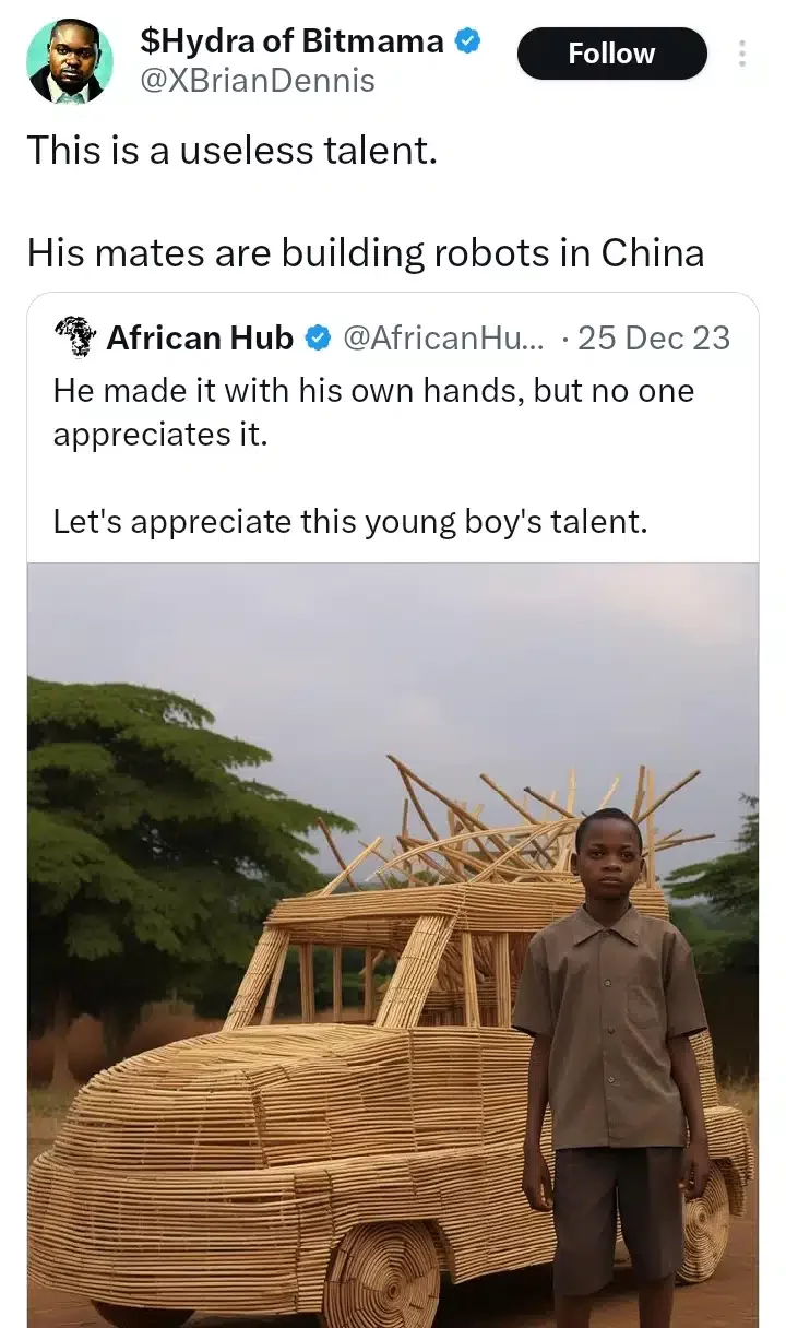 'This talent is useless' - Man rubbishes teenage boy's crafted car