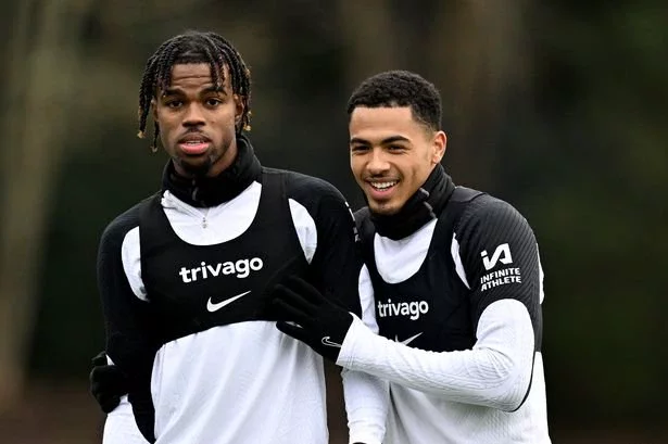 Carney Chukwuemeka and Levi Colwill of Chelsea during a training session at Chelsea Training Ground on January 5, 2024