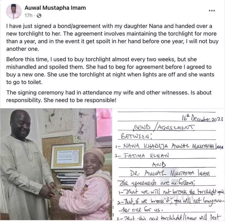 Father makes daughter sign contract as he buys her a new torchlight