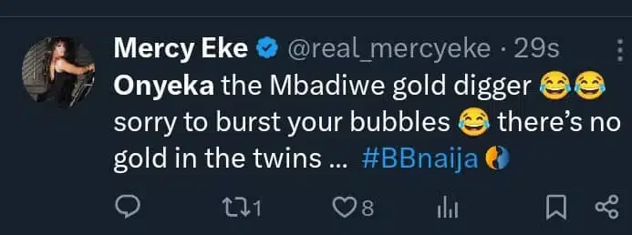 BBNaija: Outrage as Mercy Eke labels Onyeka the 'Mbadiwe gold digger'