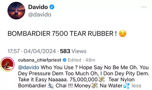 Davido says he has bought a Bombardier 7500 jet