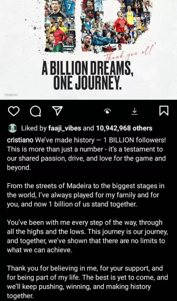 Cristiano Ronaldo celebrates reaching one billion followers across social media