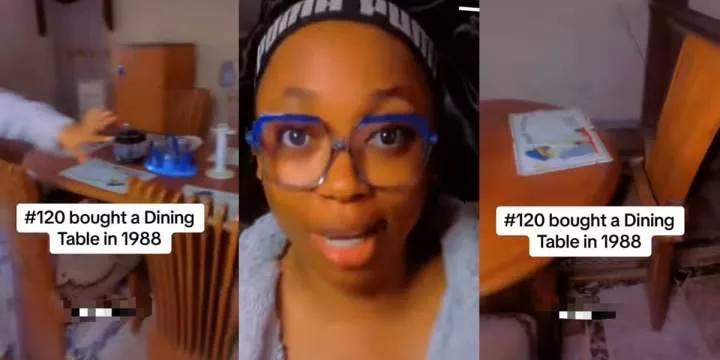 Nigerian lady flaunts high-quality dining table, set of chairs her father bought for ₦120 in 1988