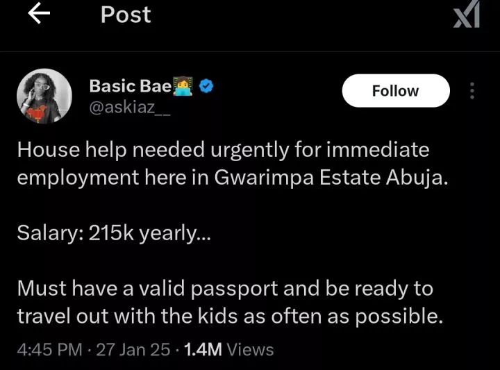 Abuja employer sparks outrage, seeks house help with international passport and offers ₦17k monthly pay