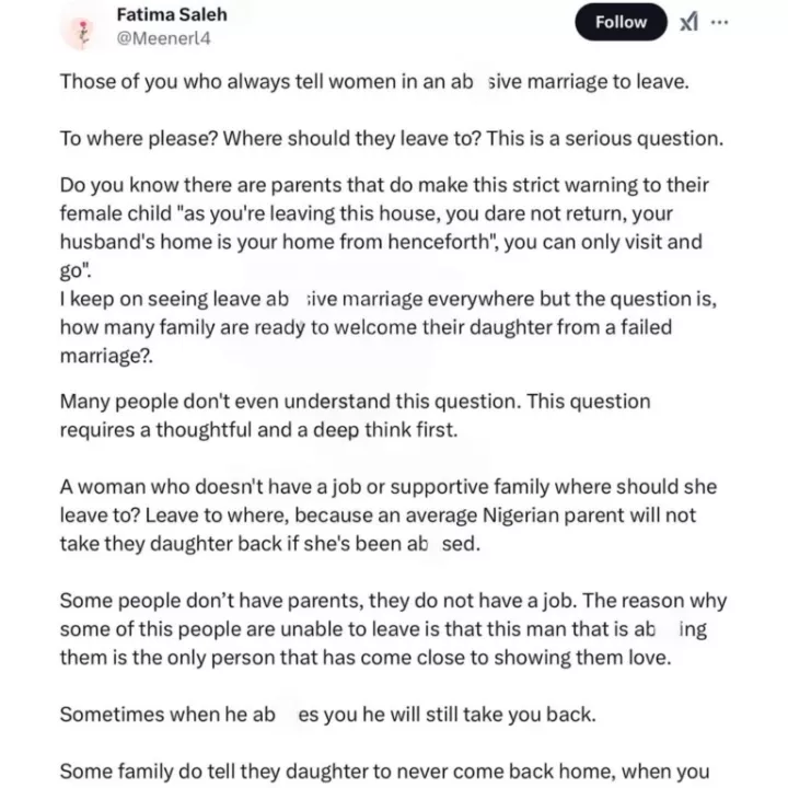 Lady questions those advising married women to leave their abusive partners