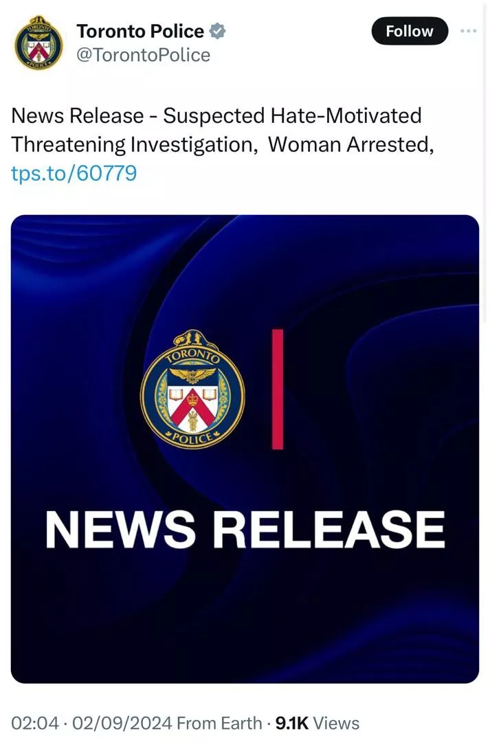 Toronto police arrest Nigerian woman who threatened to poison and k!ll Yorubas and Edos in Canada