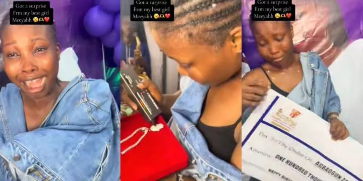 Lady breaks down in tears as best friend surprises her with ₦100k cheque, money bouquet, silver necklace, others on her birthday