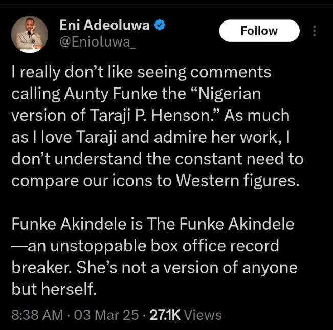 Influencer Enioluwa slams Nigerians for comparing Funke Akindele to American Actress