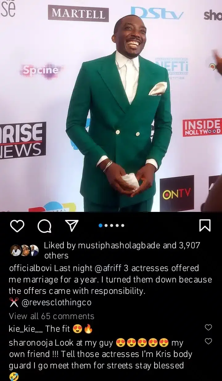 'Why I turned down marriage proposal from 3 actresses' - Bovi