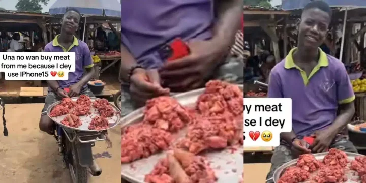 'I no be ritualist abeg' - Meat seller cries out as people refuse to buy his meat because he uses iPhone 15 Pro Max