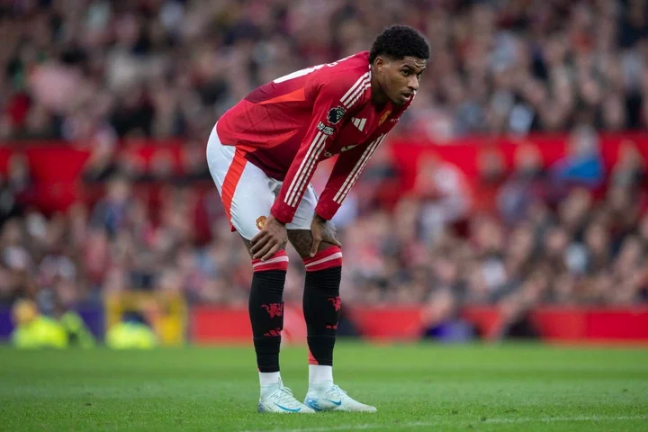 Marcus Rashford of Manchester United reacts during the Premier League match between Manchester United FC and Everton FC at Old Trafford on December...