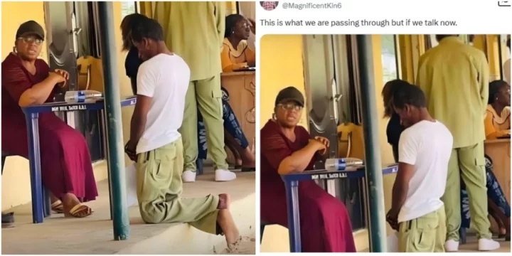 'This is oppression' - Viral photo of NYSC corper kneeling before official sparks public outrage