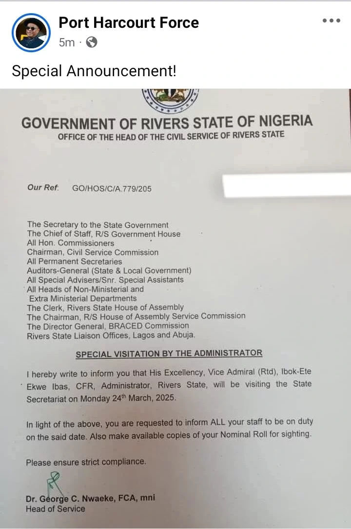 Rivers State Administrator Set to Visit Secretariat, Directs All Civil Servants to Be Present [Photo]