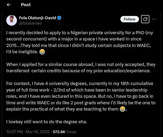 Man laments as university rejects his PhD application over missing WAEC subjects