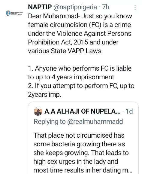 Female circumcision attracts four-year imprisonment - NAPTIP warns after man encouraged FGM of baby girls to 