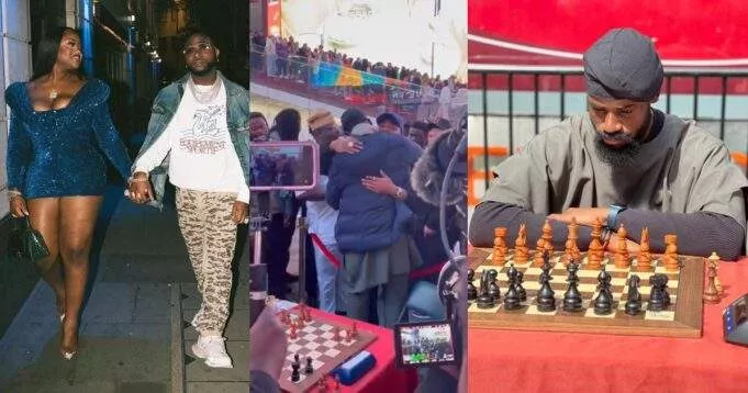 Moment Davido and his wife, Chioma, surprised chess master, Tunde Onakoya, at Times Square during his GWR attempt (video)