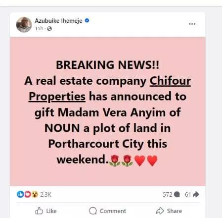 Port Harcourt company gifts plot of land to Law Graduate, Anyim Veronica