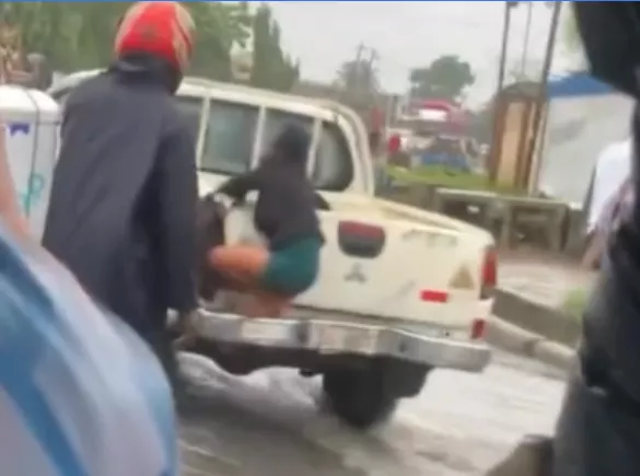 Nigerian lady's survival instinct kicks in while attempting to cross a flooded road