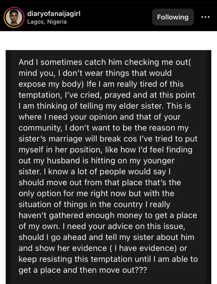 'Should I tell her' - Lady who lives with sister and her husband seeks advice over his insistence to sleep with her