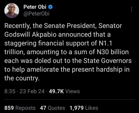 Hardship: Peter Obi Reacts To Akpabio's Claim That Tinubu's Govt Gave State Govs ₦30 Billion Each.