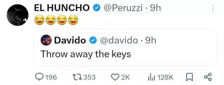 Davido reacts after Peruzzi threatened legal action against LASU student who made up tweet about him