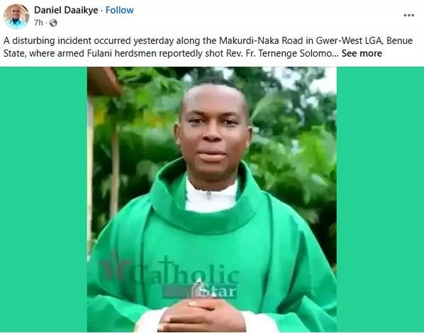 Suspected Herdsmen Shoot Catholic Priest In Benue