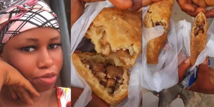 Lady shocked to find beans inside meat pie, mocks vendor Lady shocked to find beans inside meat pie, mocks vendor