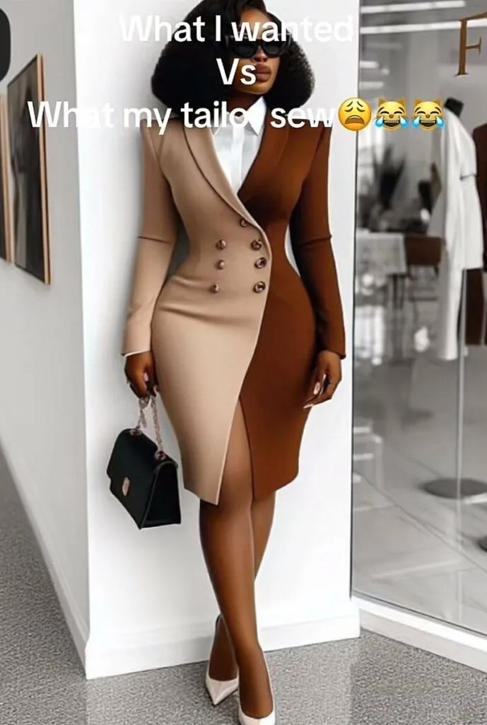 Lady laments as she shows off what she wanted vs what her tailor made