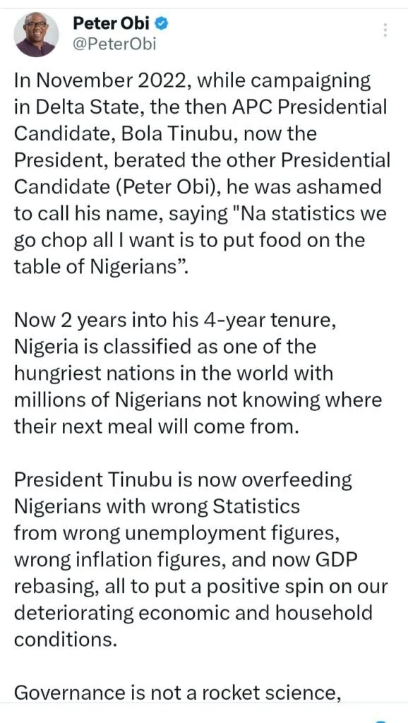 President Tinubu overfeeding Nigerians with wrong statistics from wrong unemployment figures - Peter Obi