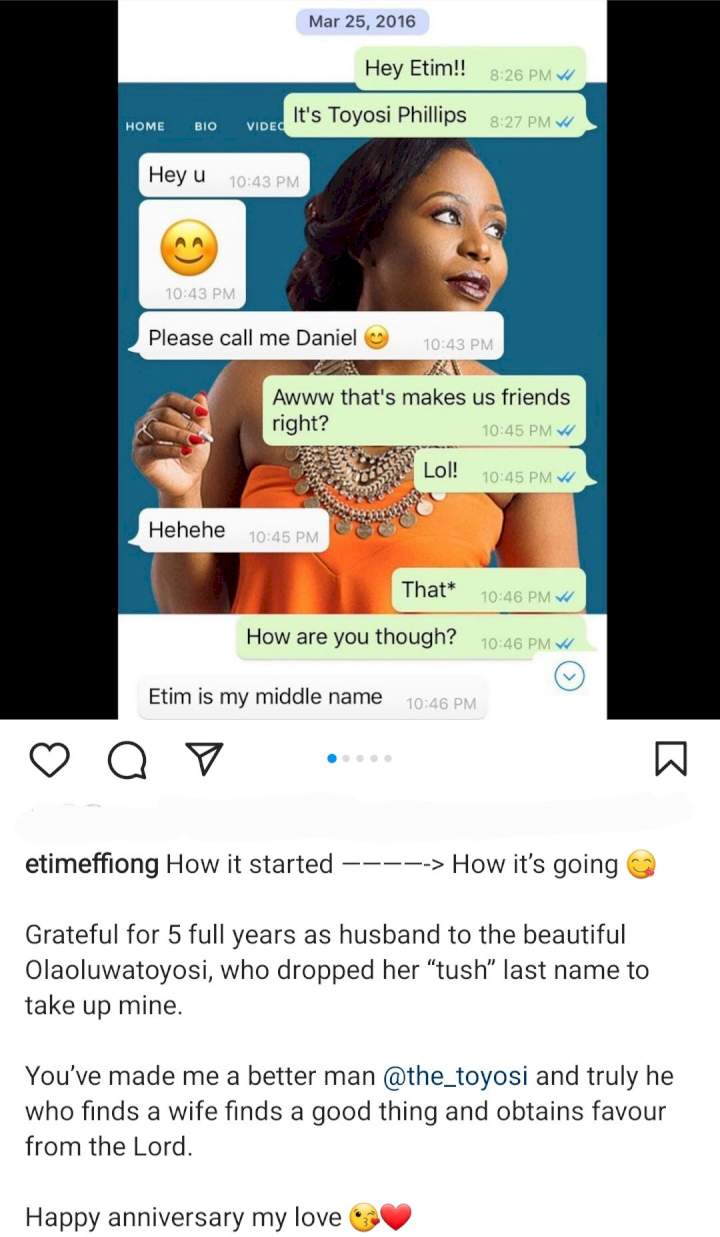 Actor Daniel Etim Effiong shares chats showing how his relationship with wife, Toyosi Phillips started