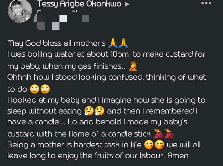 Lady narrates how she used candlelight to prepare custard for her baby in a bid to prevent her from sleeping hungry