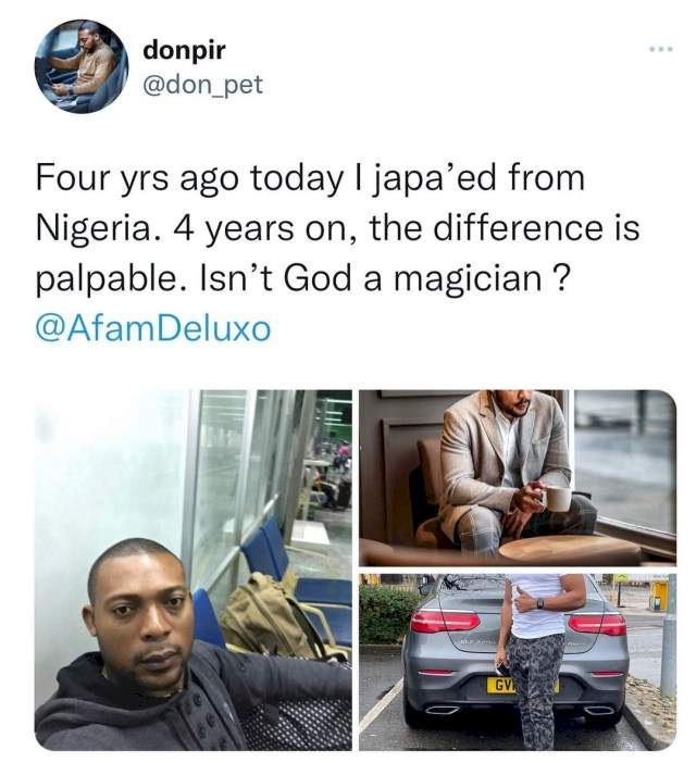 'Isn't God a magician' - Man shares transformation photos four years after leaving Nigeria